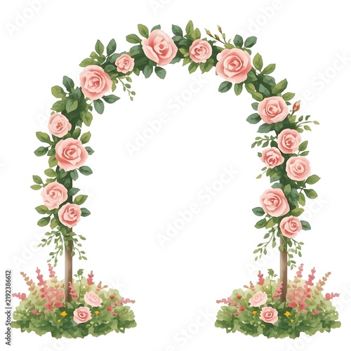 Garden arch with delicate roses, isolated watercolor illustration for invitation or greeting cards, garden design with blossom plant.