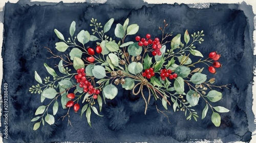 Watercolor Christmas Wreath Elements with Berries and Eucalyptus on Dark Blue Background