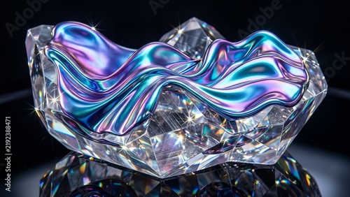 Abstract crystal gemstone with iridescent fluid metallic liquid waves on black background
