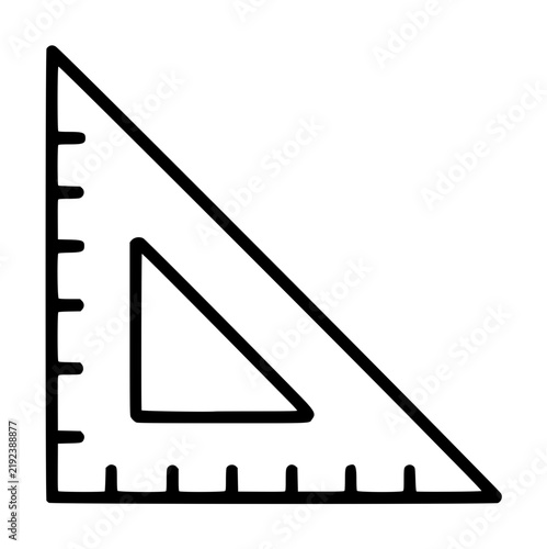 Right angle set square drafting ruler with a triangular center cutout opening and linear measurement calibration tick marks along outer edges, geometry tool outline vector icon on white