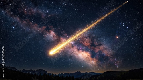 Bright meteor streaks across the starry night sky above a mountain silhouette