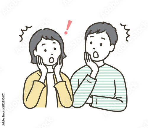 驚いている若い夫婦の上半身イラスト
