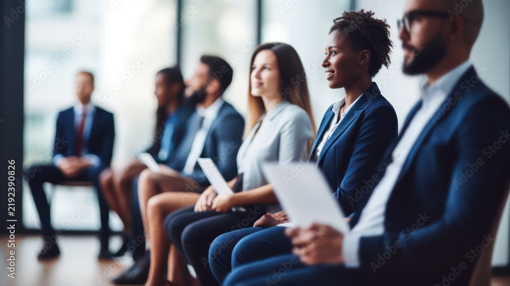 Obraz premium A group of diverse professionals sit attentively in a row, holding documents and awaiting an interview.