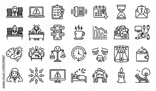 Workplace Stress and Burnout Linear Icon Set with 30 Editable Outline Symbols for Office Pressure and Mental Health Vector Design