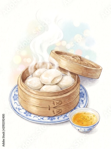 Steamed buns in a wooden steamer with dipping sauce and blue plate