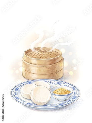 Steaming bamboo steamer with dumplings and a blue sauce plate