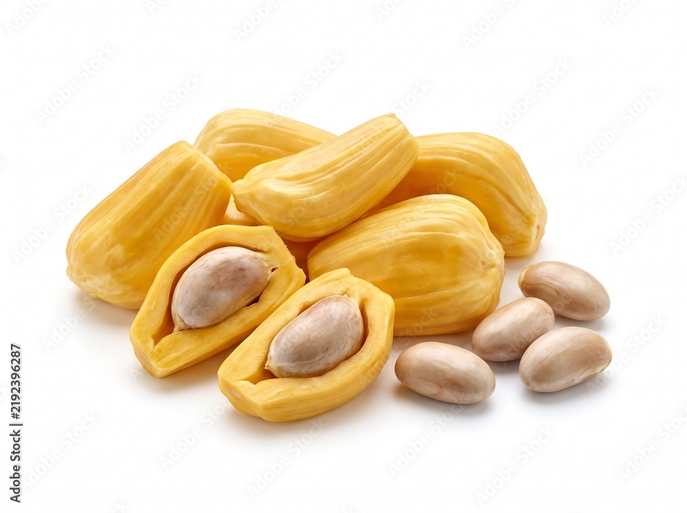 Obraz premium Ripe yellow jackfruit bulbs with seeds isolated on white background. Sweet tropical fruit pod chunks, ready to eat healthy organic vegan food snack
