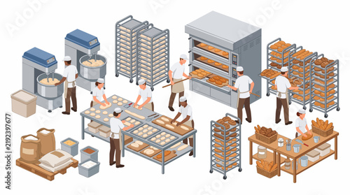 Bakery workers preparing and baking bread in a modern industrial bakery setting with isometric view