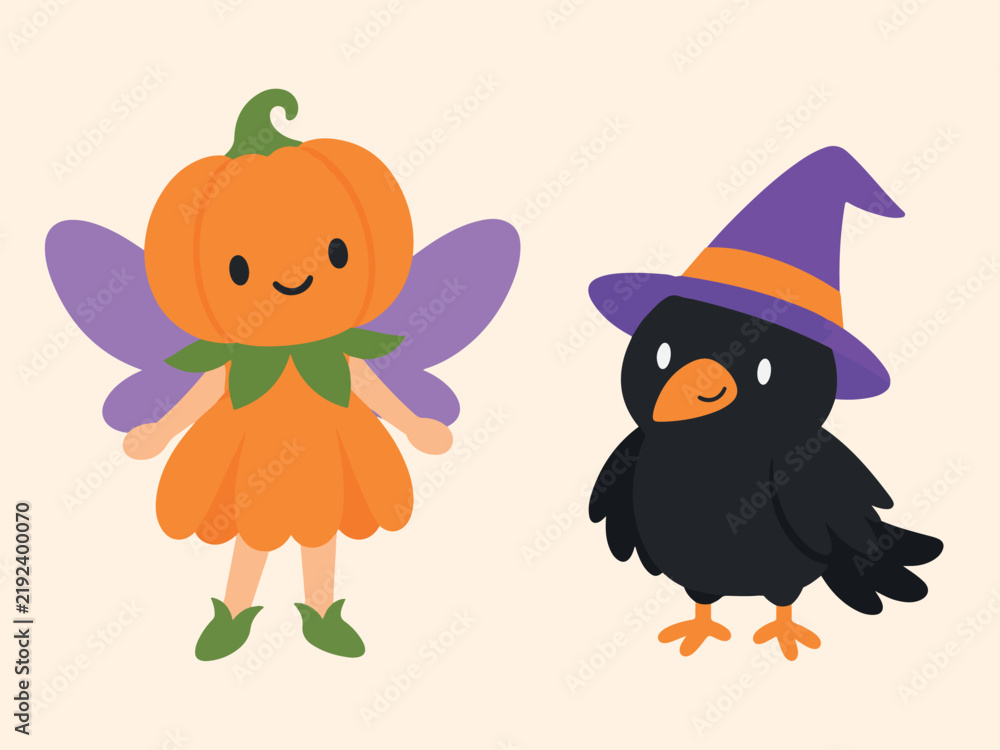 Obraz premium Cute cartoon Halloween pumpkin character and a witch crow bird isolated on light background.