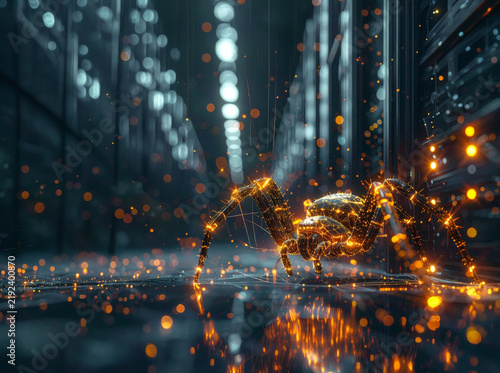 igital cyber spider crawler in server room infrastructure network with glowing orange data particles and fiber optic bokeh lights. Information technology security virus malware concept concept backgro