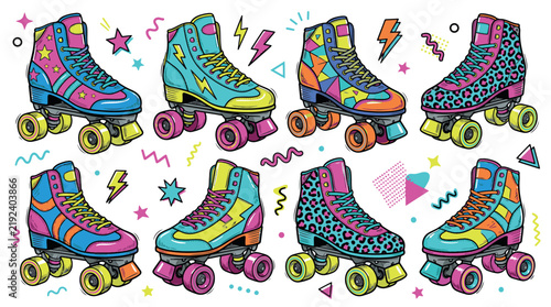 A vibrant collection of eight retro roller skates featuring 80s and 90s patterns like leopard print, stars, and lightning bolts in bright neon colors.
