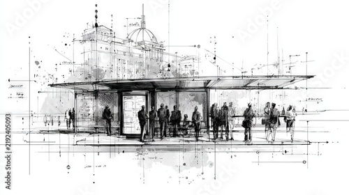 A black ink line drawing of a modern city structure. The sketch includes gestural drawings of people waiting at a bus stop in front of the building. Architectural blueprint style with dimension lines.