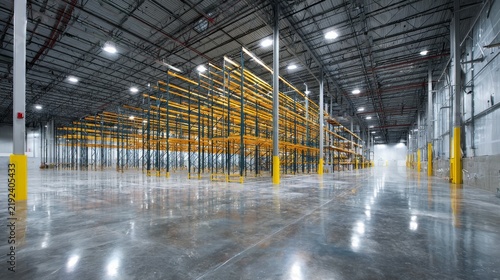 A wide-angle stock photograph of a vast, newly constructed industrial warehouse for food storage. Tall, empty metal racking systems line the polished concrete floor. Bright, sterile industrial LED