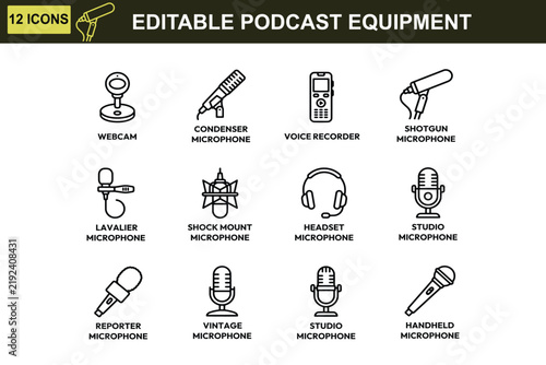 Editable Broadcasting Podcast Microphone Icon Set
