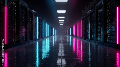 A futuristic 3D render of a massive data center aisle. Rows of black server racks feature glowing neon blue and magenta lights. The floor is highly reflective, creating a sense of infinity. The