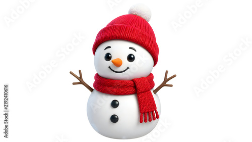 3D digital illustration of a cute snowman wearing a red beanie and scarf isolated