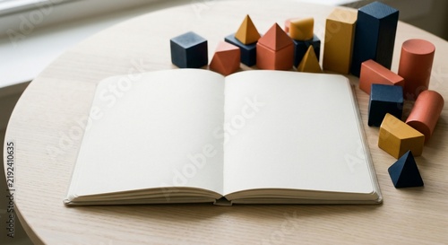 Open blank notebook with colorful wooden geometric toys on wooden table