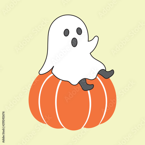 Cute Ghost Sitting on Pumpkin Halloween Vector Cute Character Illustration Isolated Light Background