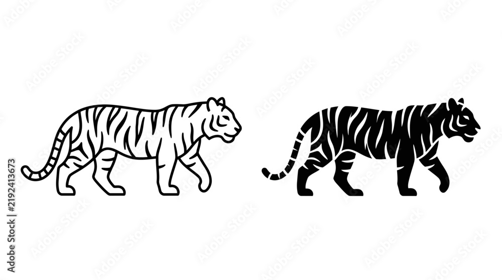 Obraz premium Silhouette and Outline of a Tiger Walking in Profile, Minimalist Animal Illustration
