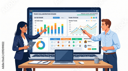 Team collaboration and business strategy vector illustration. Colleagues analyzing financial charts and data dashboard on monitor