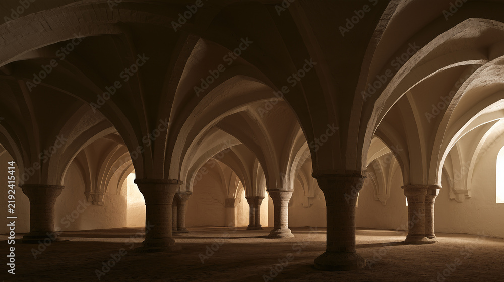 Fototapeta premium Whitewashed vaulted undercroft with plain brick ribs and an earth floor