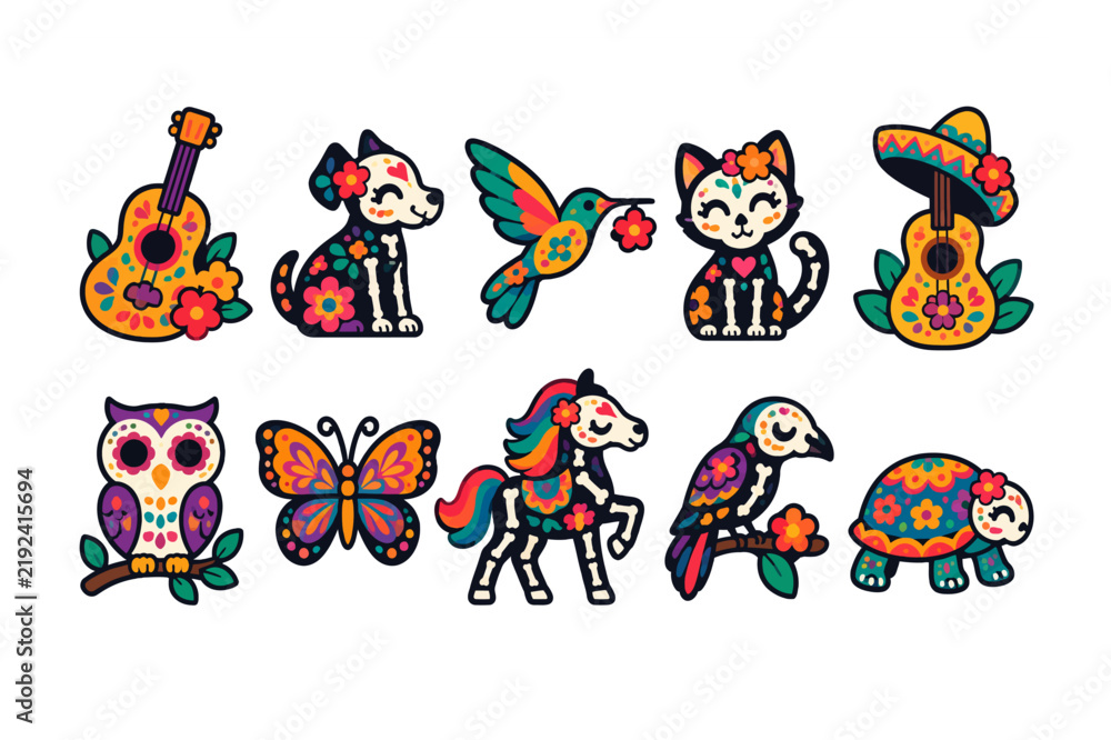 Fototapeta premium Day of the Dead Mexican Decorative Icon Set with Mariachi Guitar, Calavera Animals, Butterfly, Horse, Owl and Traditional Motifs