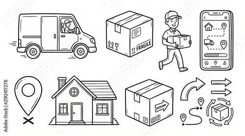 Set of Professional Logistics Icons for Shipping and Delivery Services Featuring a Courier Van Cardboard Boxes and Mobile App Tracking Elements