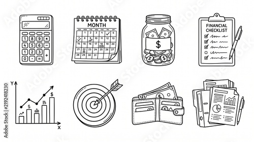 Set of Hand Drawn Finance and Business Management Icons Including Calculator Calendar Savings Jar Checklist Growth Chart Target Wallet and Documents