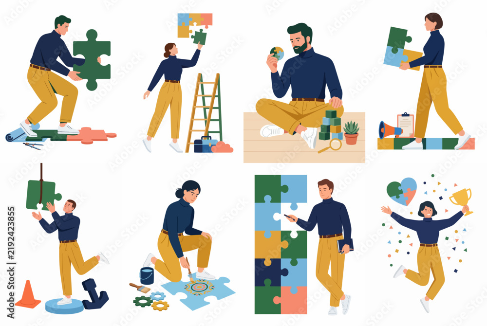 Fototapeta premium Set of business people working together to solve problems, build structures, and achieve success using jigsaw puzzle pieces in a flat vector style.