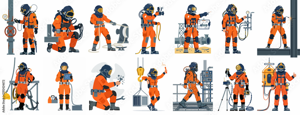 Fototapeta premium Set of flat illustrations of commercial divers in orange suits performing various industrial underwater maintenance, inspection, and technical tasks.