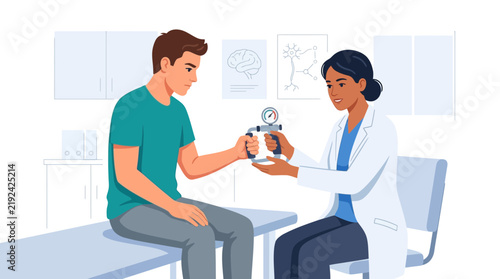 Doctor testing patient's grip strength with a dynamometer in a modern clinic.