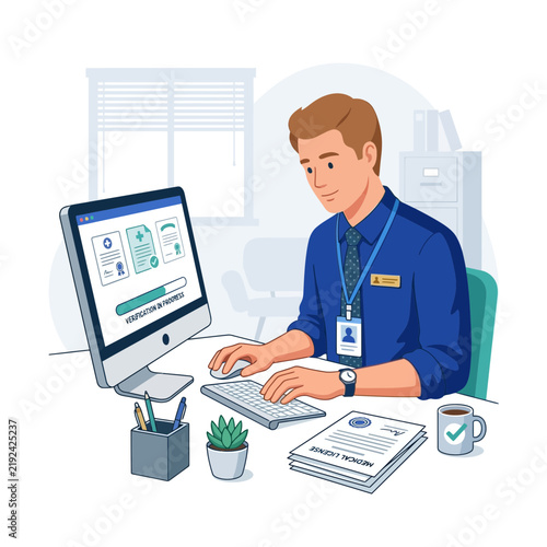 Doctor Verifying Medical License Online, Health Care Professional Using Computer for Document Approval