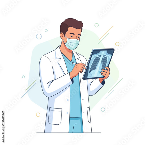 Doctor wearing a mask examining an X-ray of lungs on a digital tablet, medical illustration