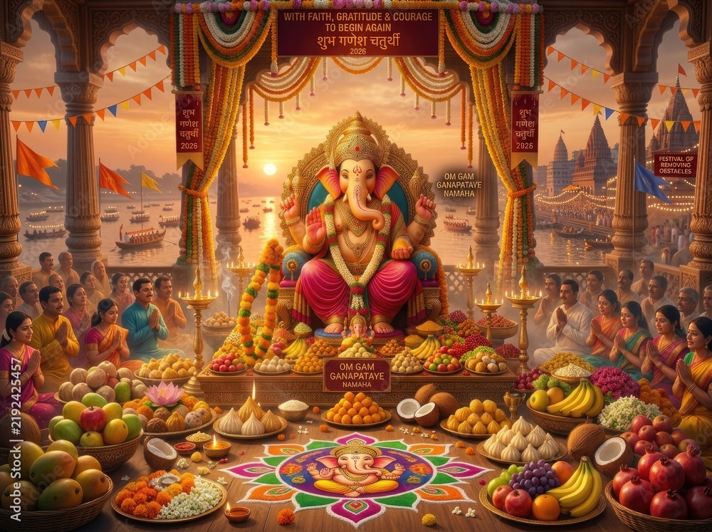 Fototapeta premium A majestic close up of lord ganesha amidst vibrant festivities and offerings at a cultural celebration