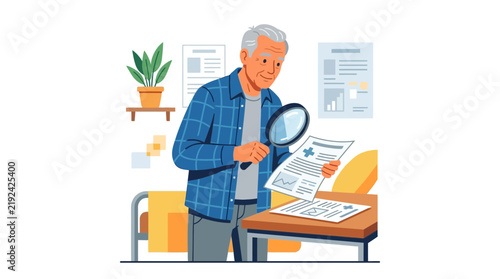 Elderly Man Examining Medical Document with Magnifying Glass, Healthcare Concept Illustration