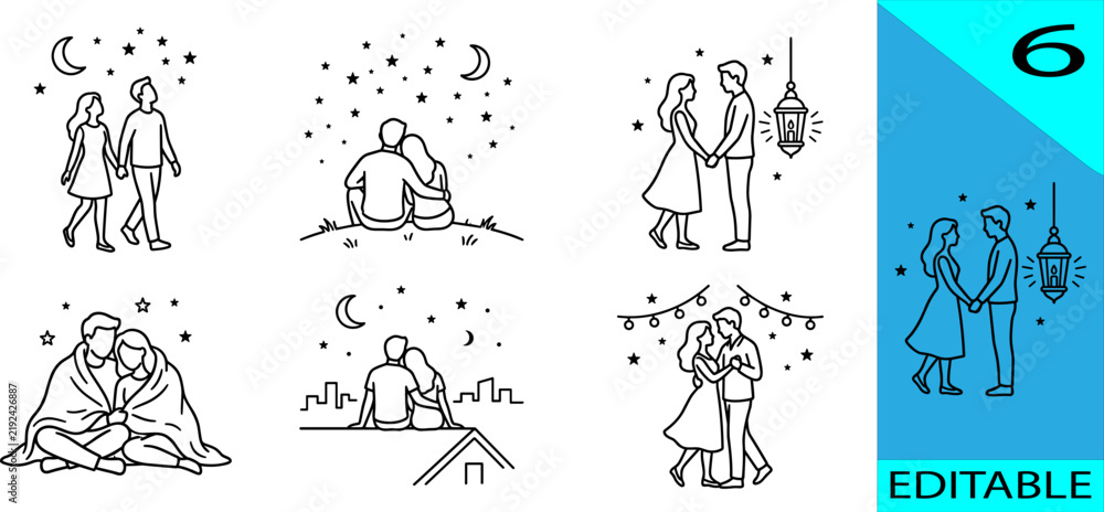 Fototapeta premium Set of six romantic couple night sky line art icons moon stars lantern blanket rooftop editable vector illustration