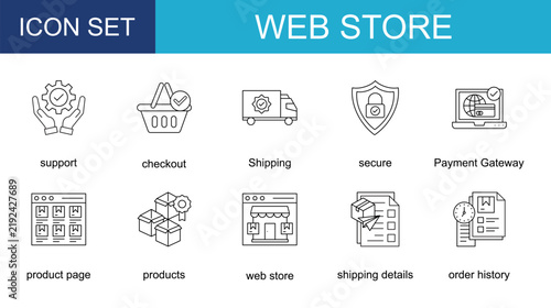 web store icon collection set. with support,checkout,Shipping,secure,Payment Gateway,product page,products