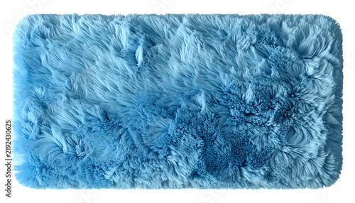 Rectangular, fluffy, sky-blue rug with rounded corners against a black background