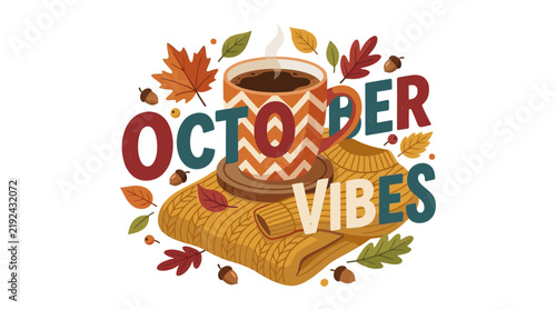 Cozy October Vibes with Hot Drink and Autumn Leaves