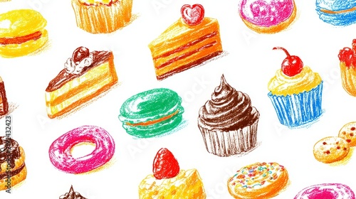 Playful crayon-style drawings of assorted desserts including cakes, cookies, donuts, and muffins, bright childlike colors on white background