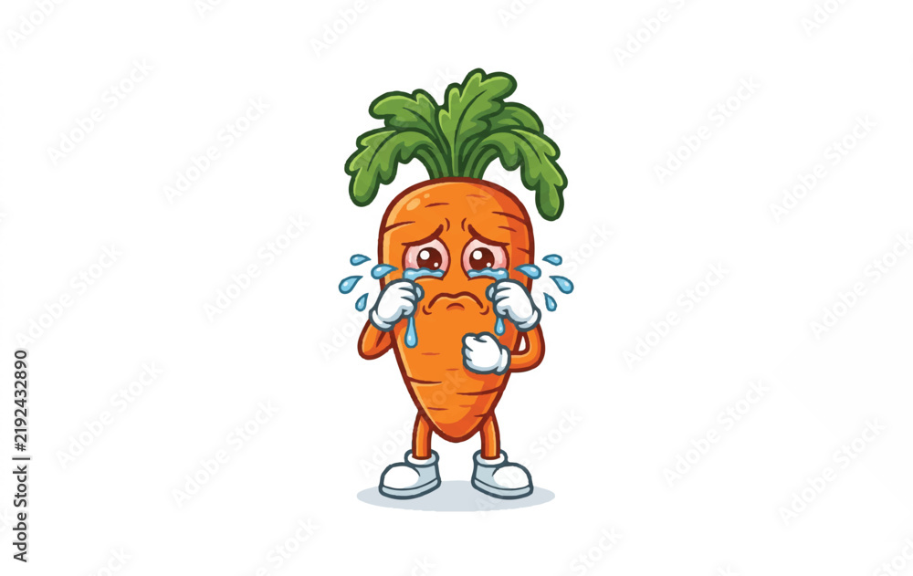Obraz premium Cute cartoon carrot character crying with tears.