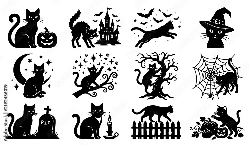 Obraz premium Halloween Icons Set with Cats, Bats, Pumpkins, and Spooky Elements