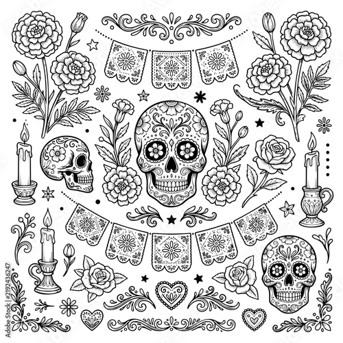 Día de los Muertos Marigold Flowers and Candle Hand Drawn Vector Collection