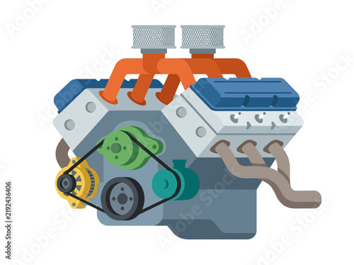 Flat Vector Illustration of a Powerful V8 Combustion Engine