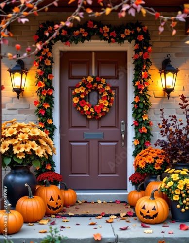 An autumn themed front porch, decorated for Halloween with fall foliage, festive wreaths, and pumpkins