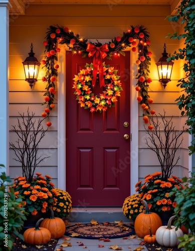 A warm and festive Halloween celebration. A red door serves as the central focus, adorned with a garland of fall leaves, berries, and pumpkins, creating a welcoming atmosphere