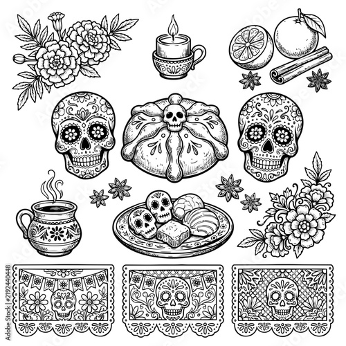Día de los Muertos Food and Mexican Folk Art Hand Drawn Vector Collection