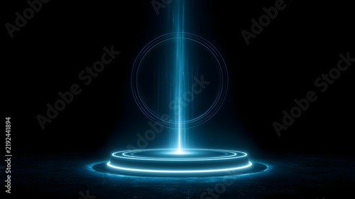 Futuristic circular stage illuminated by a glowing blue light beam in darkness. Perfect podium for premium product display and high-tech digital presentations.