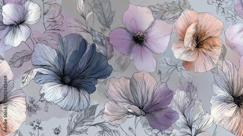 Fototapeta premium Artistic hand-sketched floral design with abstract blooms and fine leafy details, soft color gradients for a modern botanical feel