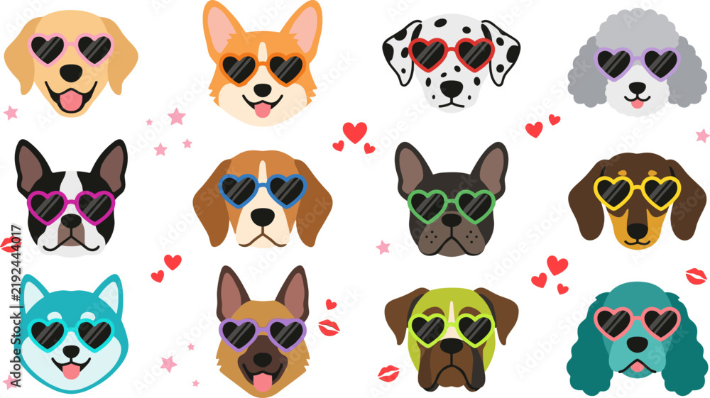 Obraz premium Cute Dog Breed Avatar Icon Set Wearing Heart Shaped Sunglasses for Valentine Day, Pet Shop Graphic Design Elements, and Cartoon Animal Vectors